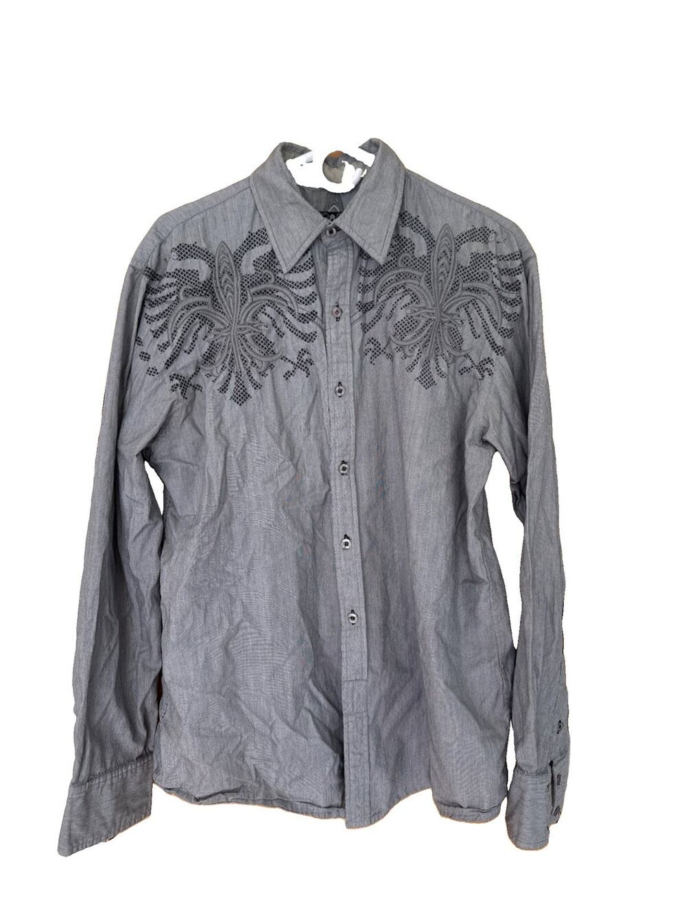Roar Men's Shirt Sz L Gray Floral Embroidered Stitching Button Up Long Sleeve